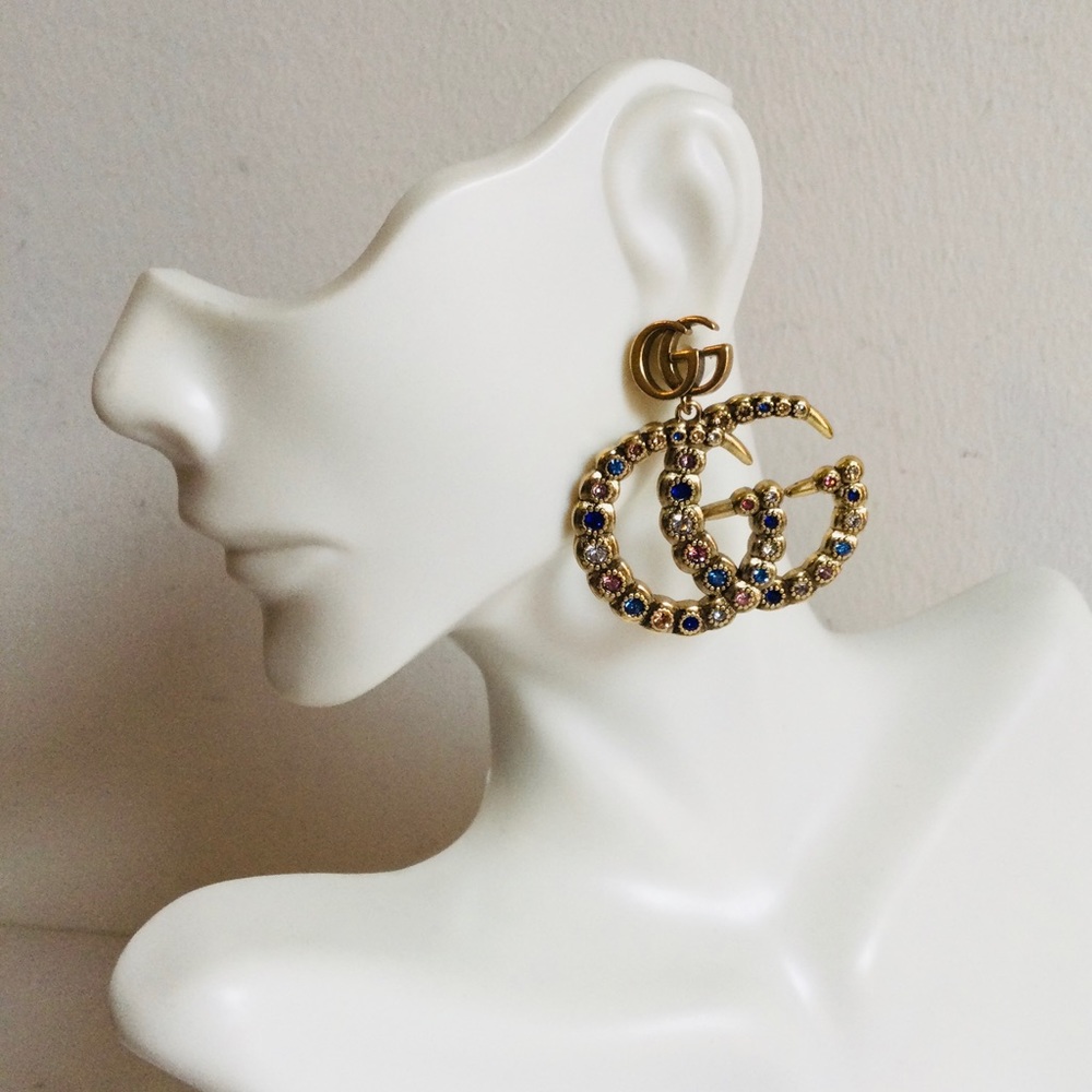 Auth Gucci Multicolor Crystal Hoop Earrings Great Condition